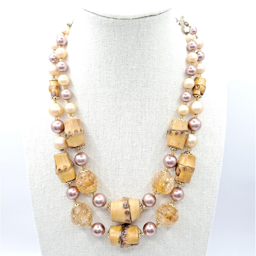 Vintage Japan Double Strand Necklace Chunky Bamboo Faux Pearl Glass Beads 16" - Picture 4 of 12